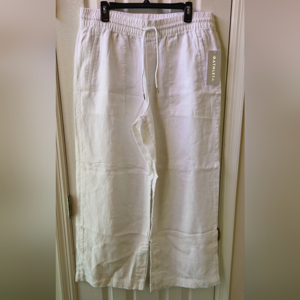 NWT- Athleta White Wide Leg 100% Linen Drawstring Pants - Size XL - Picture 4 of 10